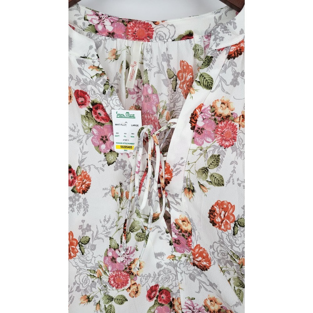 My Story Cream Floral V-Neck Lace up Blouse Women's L New NWT - Picture 6 of 8